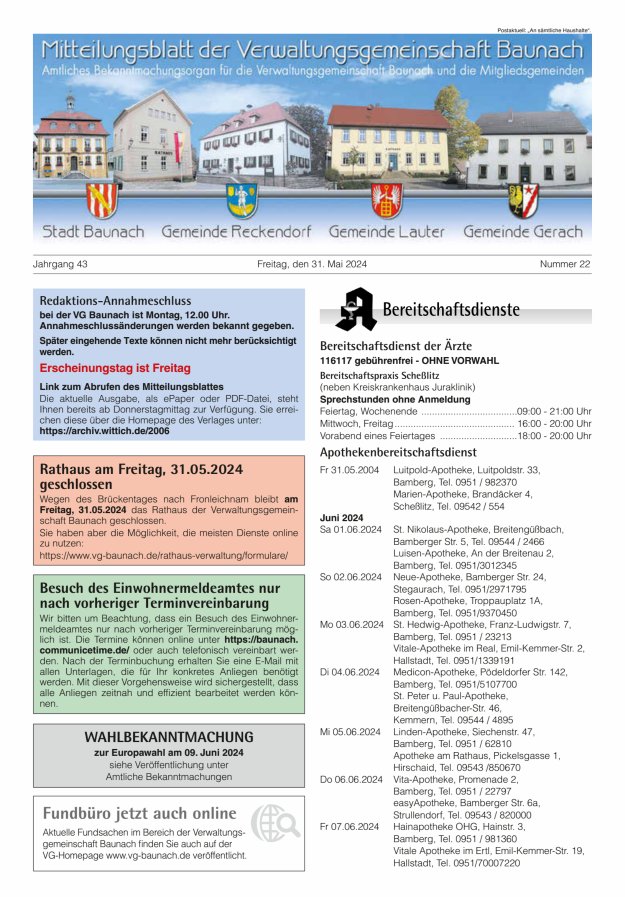 Mitteilungsblatt Verwaltungsgemeinschaft Baunach Titelblatt 22/2024