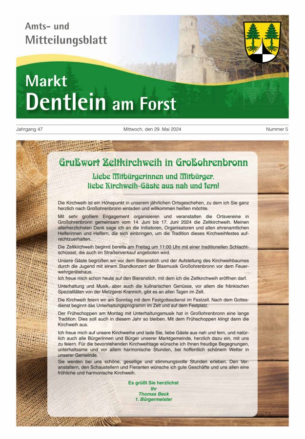 Amts- und Mitteilungsblatt Markt Dentlein am Forst Titelblatt 05/2024