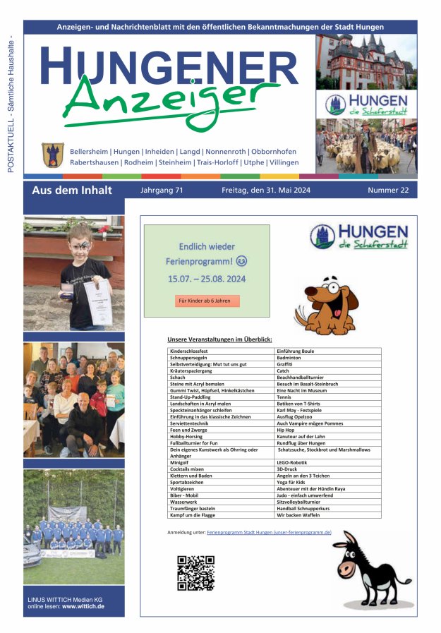 Anzeigen- und Nachrichtenblatt mit den öff  Bekanntmachungen der Stadt Hungen Titelblatt 22/2024