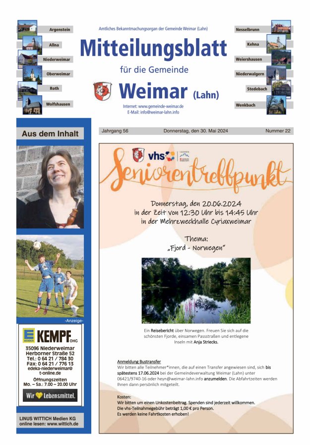 Mitteilungsblatt für die Gemeinde Weimar Titelblatt 22/2024