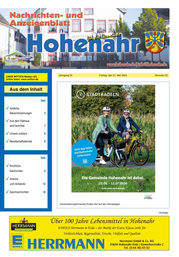 Nachrichten- und Anzeigenblatt für die Gemeinde Hohenahr Titelblatt 22/2024