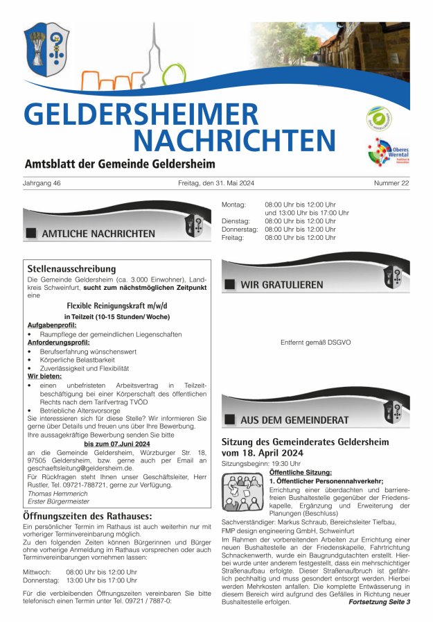 Geldersheimer Nachrichten Amtsblatt der Gemeinde Geldersheim Titelblatt 22/2024