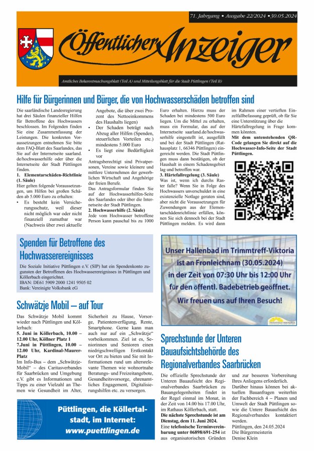 Öffentlicher Anzeiger - Stadt Püttlingen Titelblatt 22/2024