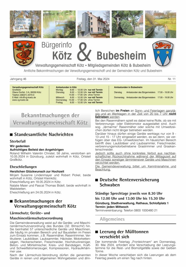 Amtsblatt der VG Kötz und der Mitgliedsgemeinden Titelblatt 11/2024