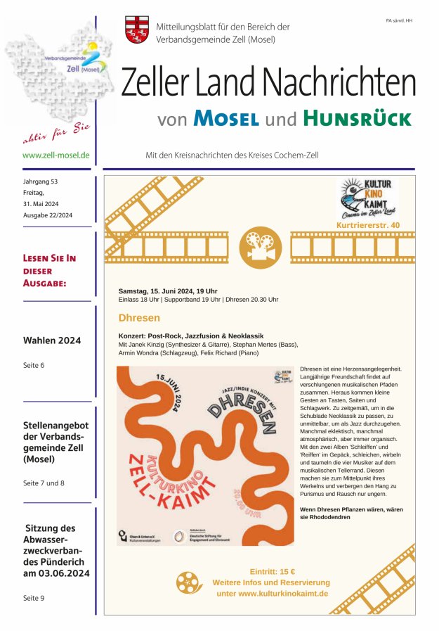 Zeller Land Nachrichten Titelblatt 22/2024