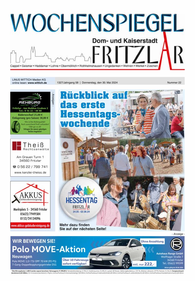 Wochenspiegel Dom- und Kaiserstadt Fritzlar Titelblatt 22/2024