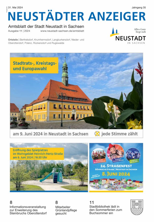 Neustädter Anzeiger - Amts- und Heimatblatt der Stadt Neustadt in Sachsen Titelblatt 11/2024