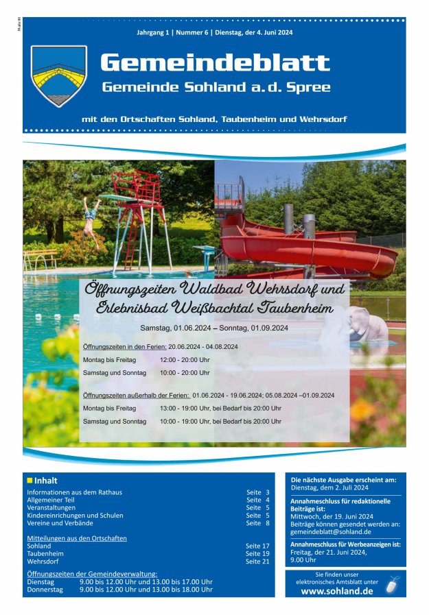 Amtsblatt der Gemeinde Sohland a. d. Spree mit den Ortschaften Sohland, Taubenheim und Wehrsdorf Titelblatt 06/2024