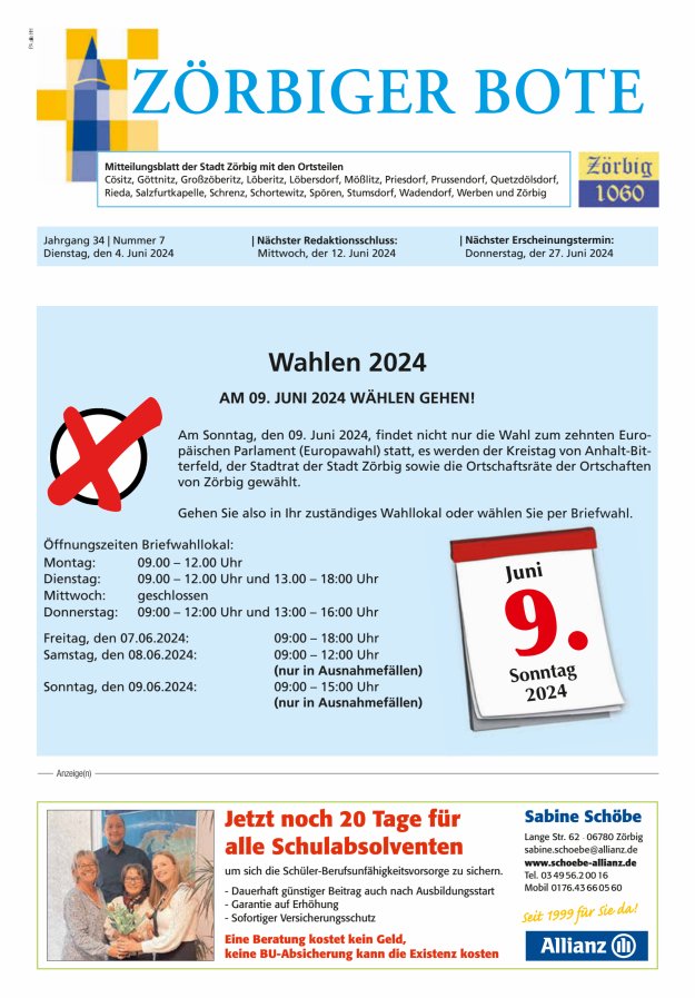 Zörbiger Bote – Mitteilungsblatt der Stadt Zörbig mit den Ortsteilen Titelblatt 07/2024