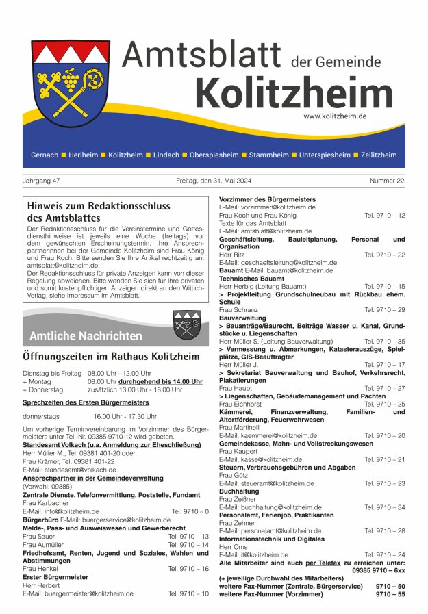 Amtsblatt der Gemeinde Kolitzheim Titelblatt 22/2024