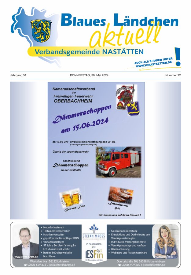 Blaues Ländchen aktuell - Heimat- u Bürgerzeitung VG Nastätten Titelblatt 22/2024