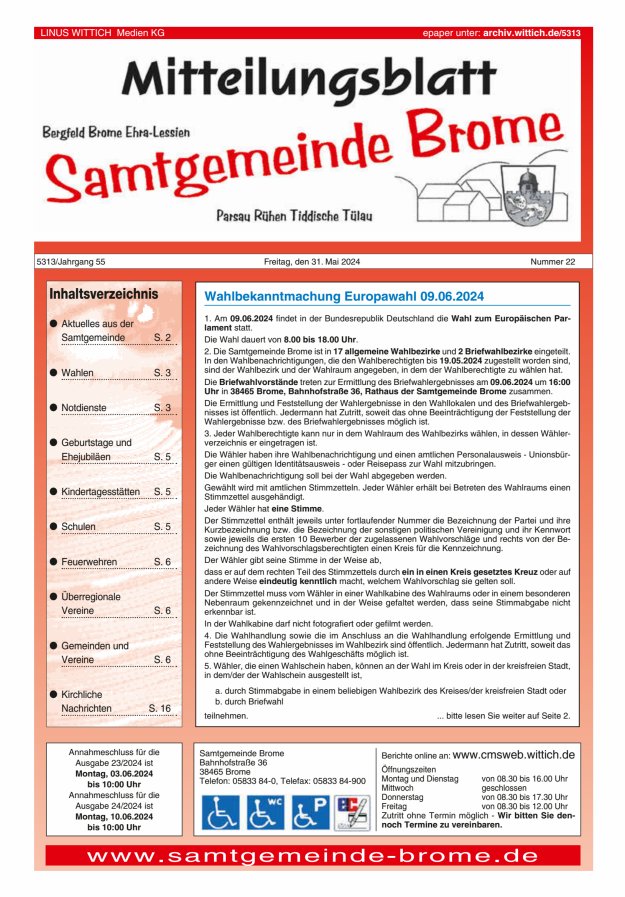 Mitteilungsblatt der Samtgemeinde Brome Titelblatt 22/2024