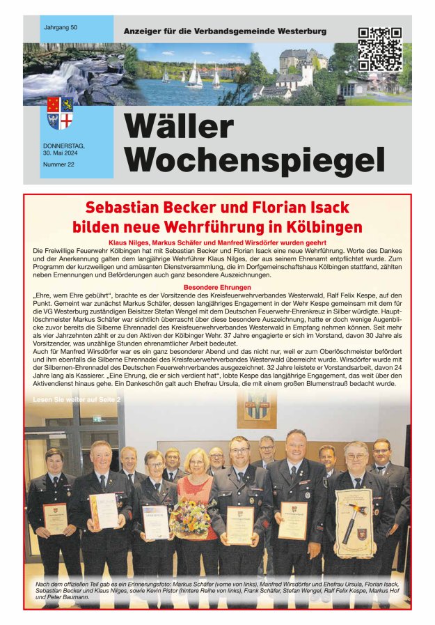 Wäller Wochenspiegel - Anzeiger für die Verbandsgemeinde Westerburg Titelblatt 22/2024