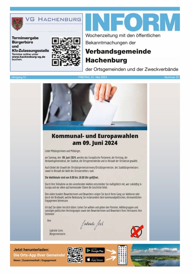 INFORM - Wochenzeitung der Verbandsgemeinde Hachenburg Titelblatt 22/2024