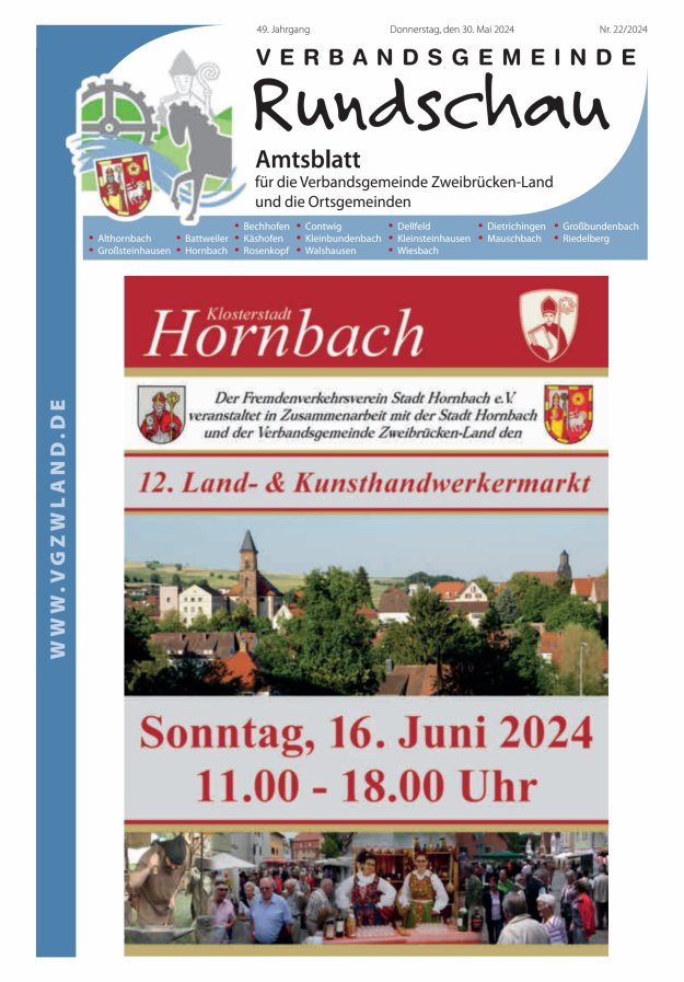 Verbandsgemeinde Rundschau Zweibrücken-Land Titelblatt 22/2024