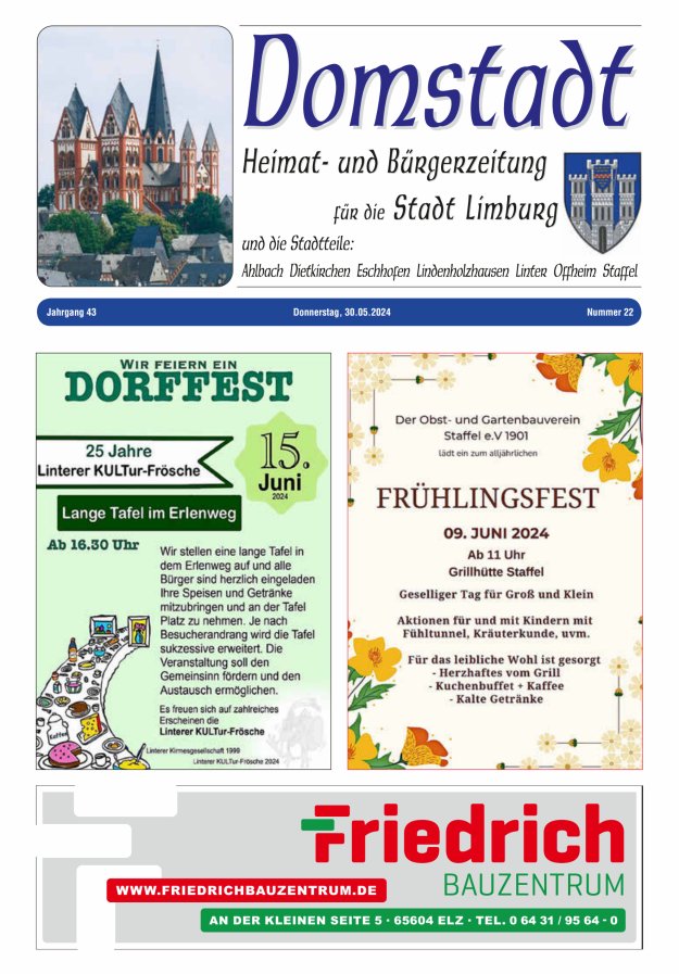 Domstadt - Heimat- und Bürgerzeitung für die Stadt Limburg Titelblatt 22/2024