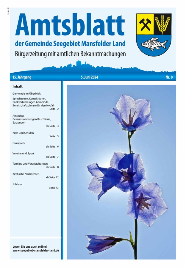 Amtsblatt der Gemeinde Seegebiet Mansfelder Land Titelblatt 08/2024