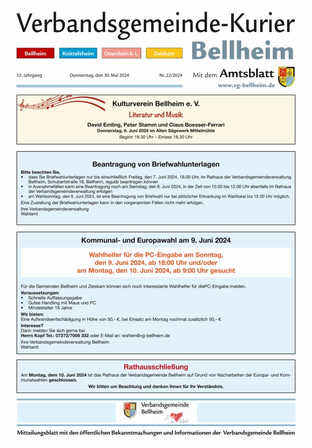 Verbandsgemeinde-Kurier Bellheim Titelblatt 22/2024