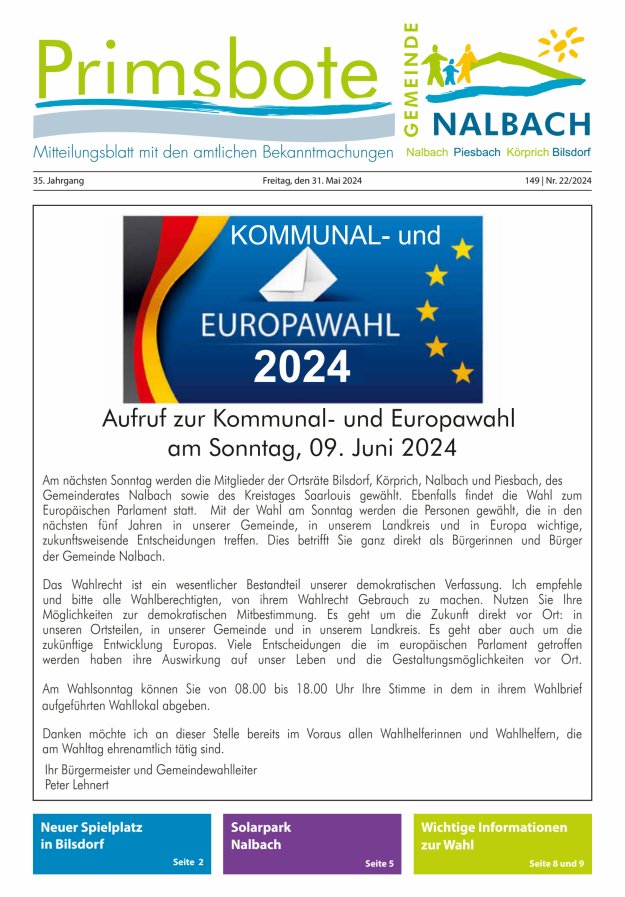 Primsbote Gemeinde Nalbach Titelblatt 22/2024