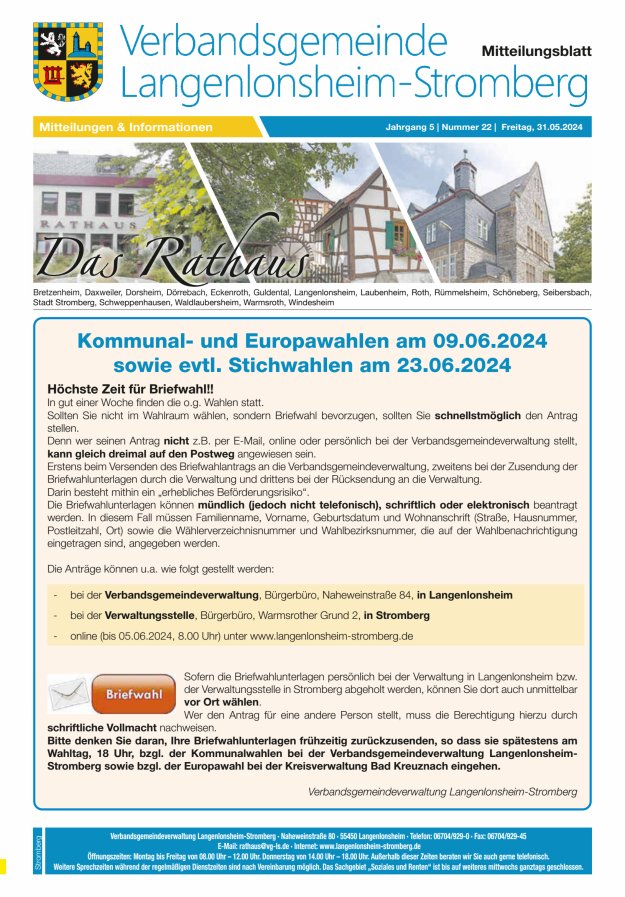 Das Rathaus - MTB d VG Langenlonsheim-Stromberg  Titelblatt 22/2024