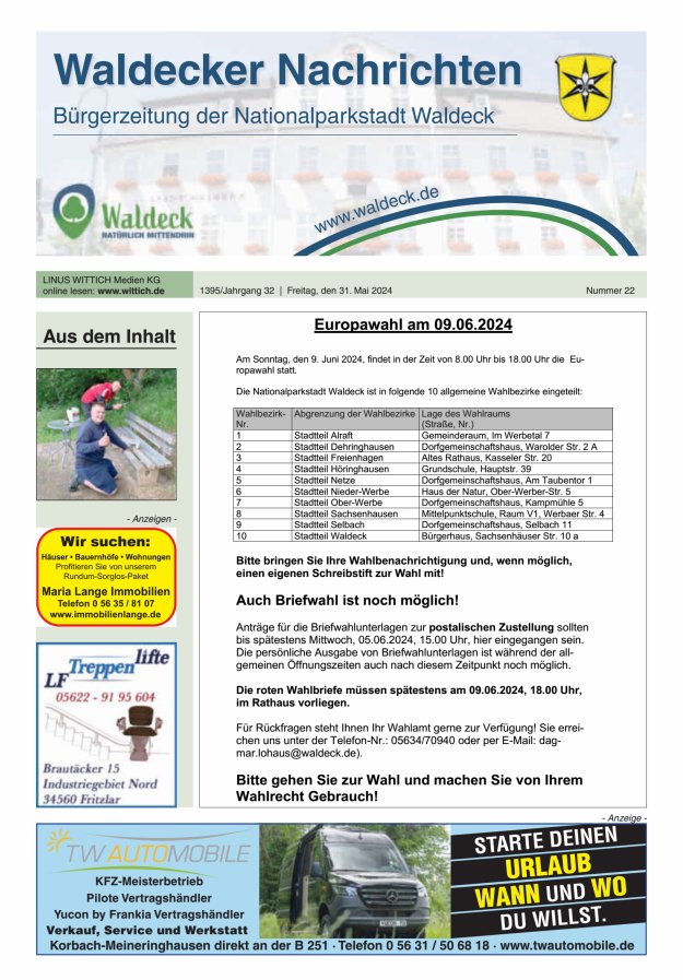Waldecker Nachrichten Titelblatt 22/2024