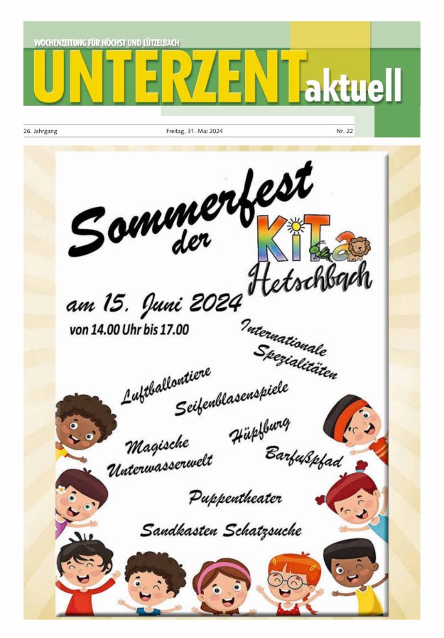 Unterzent aktuell Wochenzeitung für Höchst und Lützelbach Titelblatt 22/2024