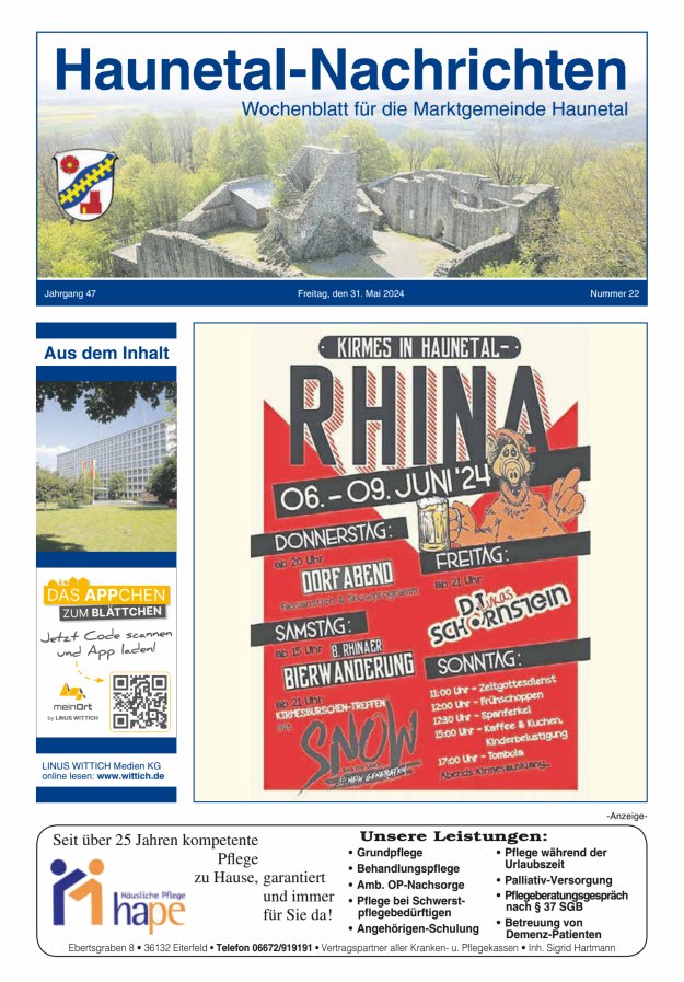 Haunetal-Nachrichten Titelblatt 22/2024