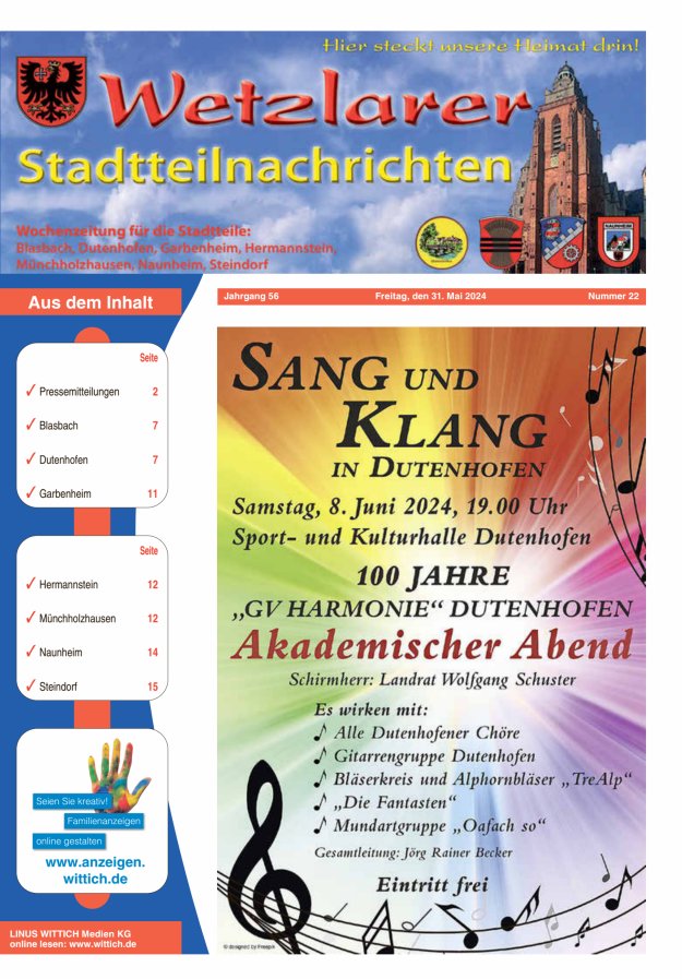 Wetzlarer Stadtteilnachrichten Titelblatt 22/2024