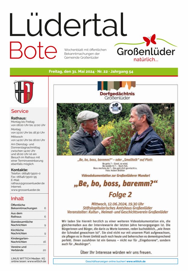 Wochenblatt mit öffentlichen Bekanntmachungen der Gemeinde Großenlüder Titelblatt 22/2024
