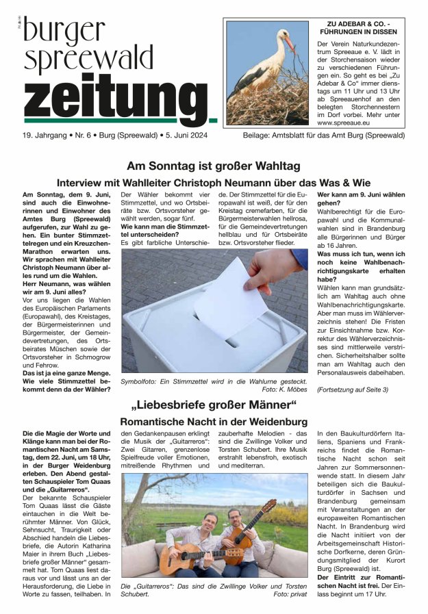Burger Spreewald Zeitung - Amtsblatt für das Amt Burg (Spreewald) Titelblatt 07/2024