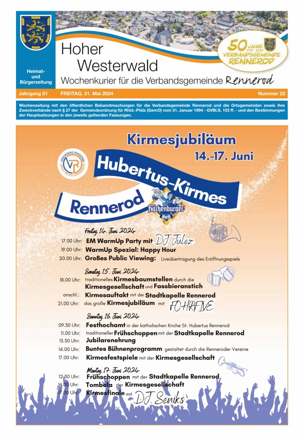 Hoher Westerwald - Wochenkurier für die Verbandsgemeinde Rennerod Titelblatt 22/2024