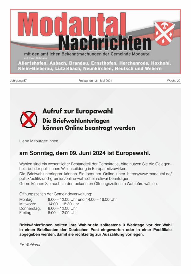 Modautal-Nachrichten Titelblatt 22/2024