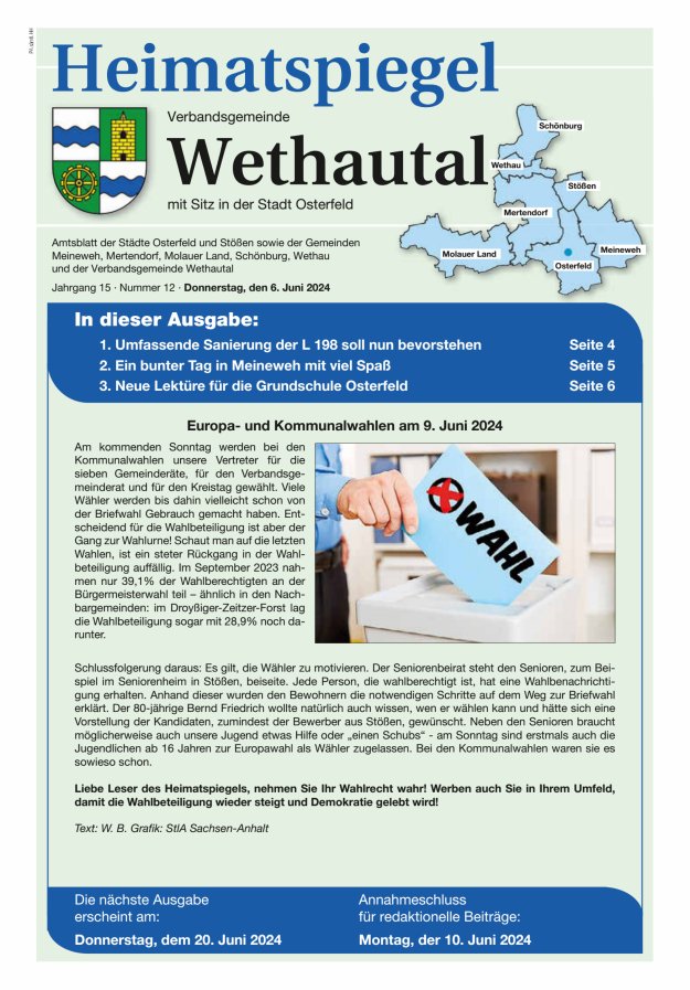 Heimatspiegel Verbandsgemeinde Wethautal mit Sitz in der Stadt Osterfeld Titelblatt 12/2024