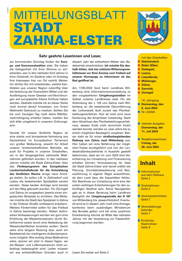 Mitteilungsblatt Stadt Zahna-Elster mit den Ortschaften Titelblatt 04/2024