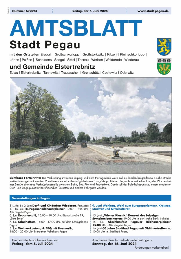 Amtsblatt Stadt Pegau und Gemeinde Elstertrebnitz  Titelblatt 06/2024