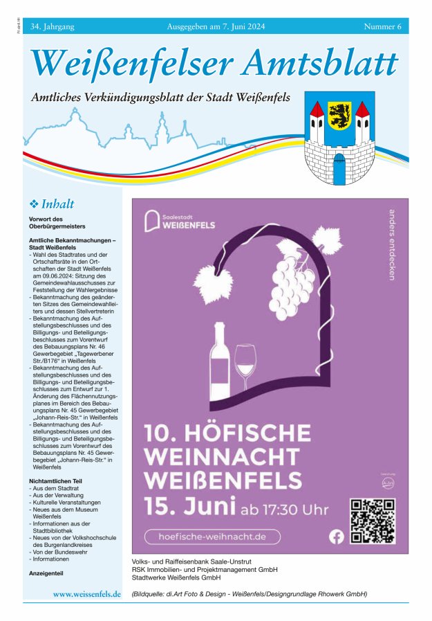 Weißenfelser Amtsblatt – Amtliches Verkündungsblatt der Stadt Weißenfels Titelblatt 06/2024