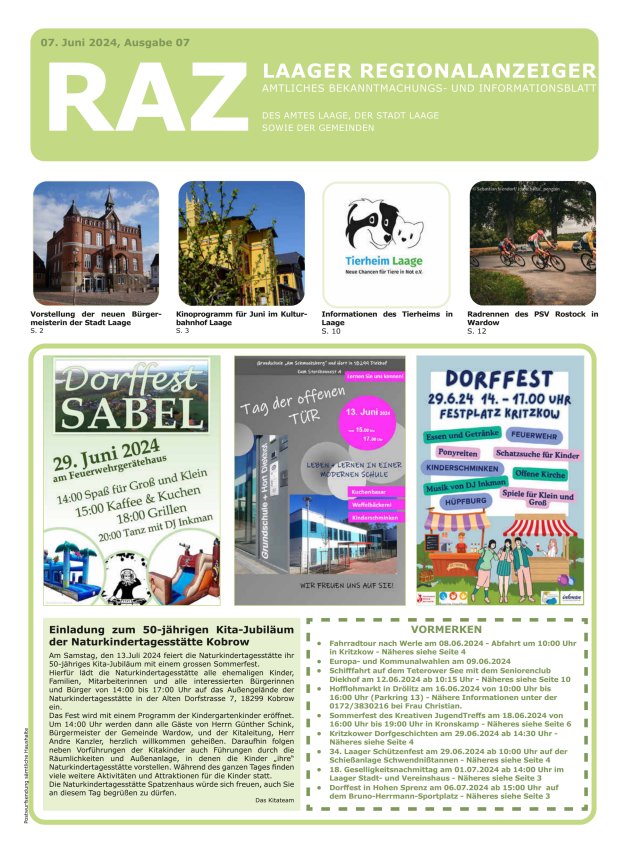 Laager Regionalanzeiger Titelblatt 06/2024