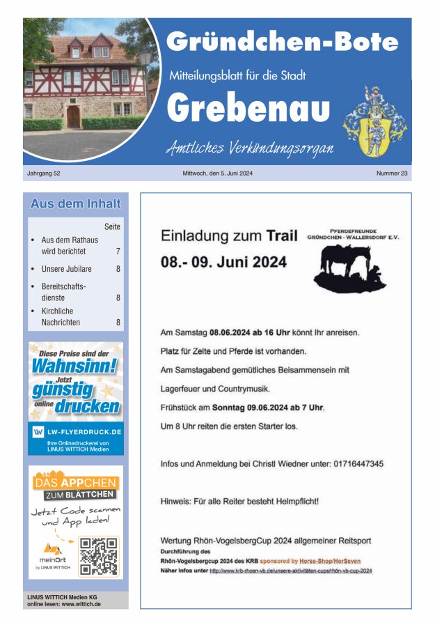 Grebenau - Gründchen Bote - Mitteilungsblatt für die Stadt Grebenau Titelblatt 23/2024