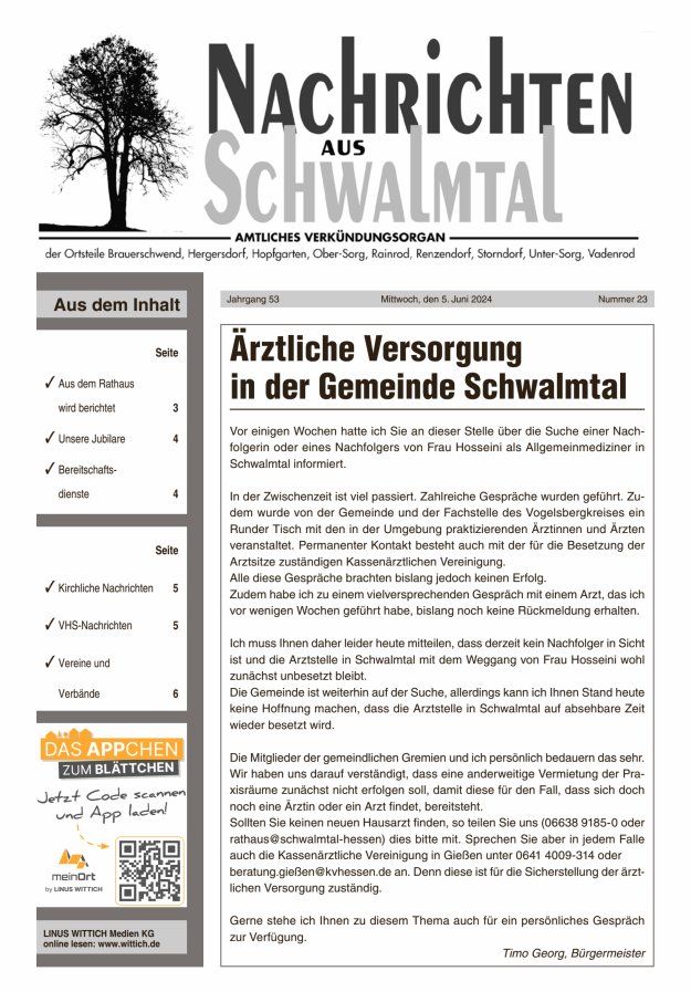 Nachrichten aus Schwalmtal Titelblatt 23/2024