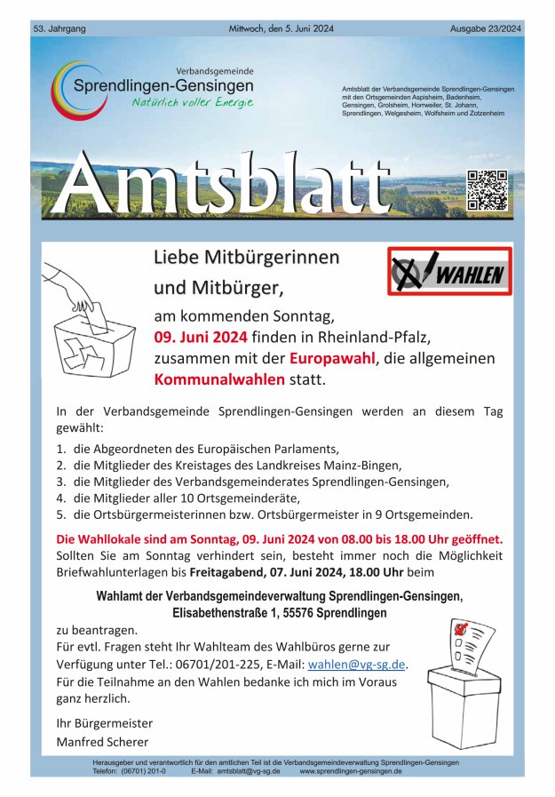 Amtsblatt VG Sprendlingen-Gensingen Titelblatt 23/2024
