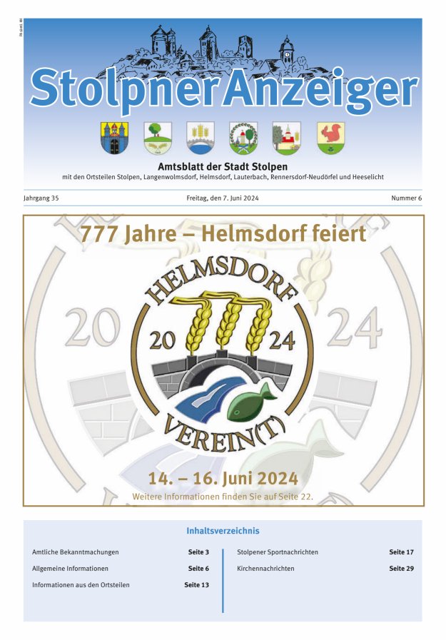 Stolpner Anzeiger - Amtsblatt der Stadt Stolpen mit den Ortsteilen Titelblatt 06/2024