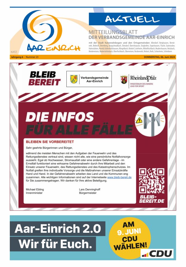 Mitteilungsblatt der Verbandsgemeinde Aar-Einrich Ausgabe Katzenelnbogen Titelblatt 23/2024
