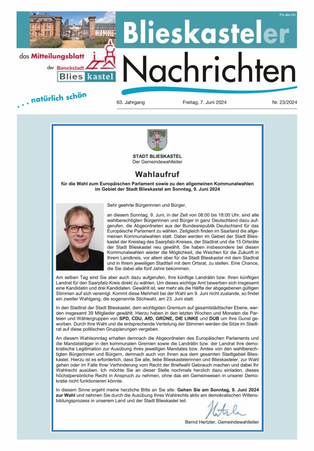 Blieskasteler Nachrichten  Titelblatt 23/2024