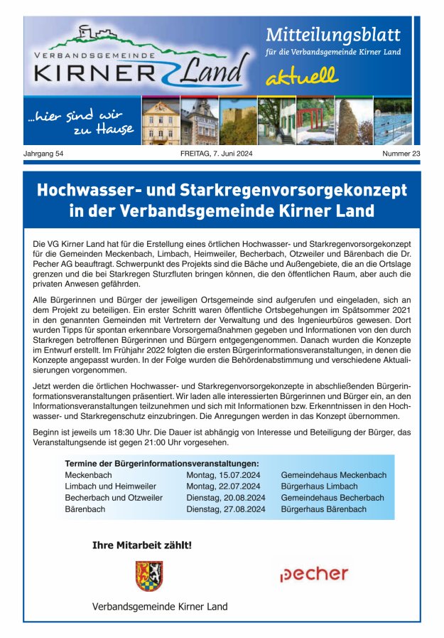 Mitteilungsblatt für den Bereich der Verbandsgemeinde Kirner Land Titelblatt 23/2024