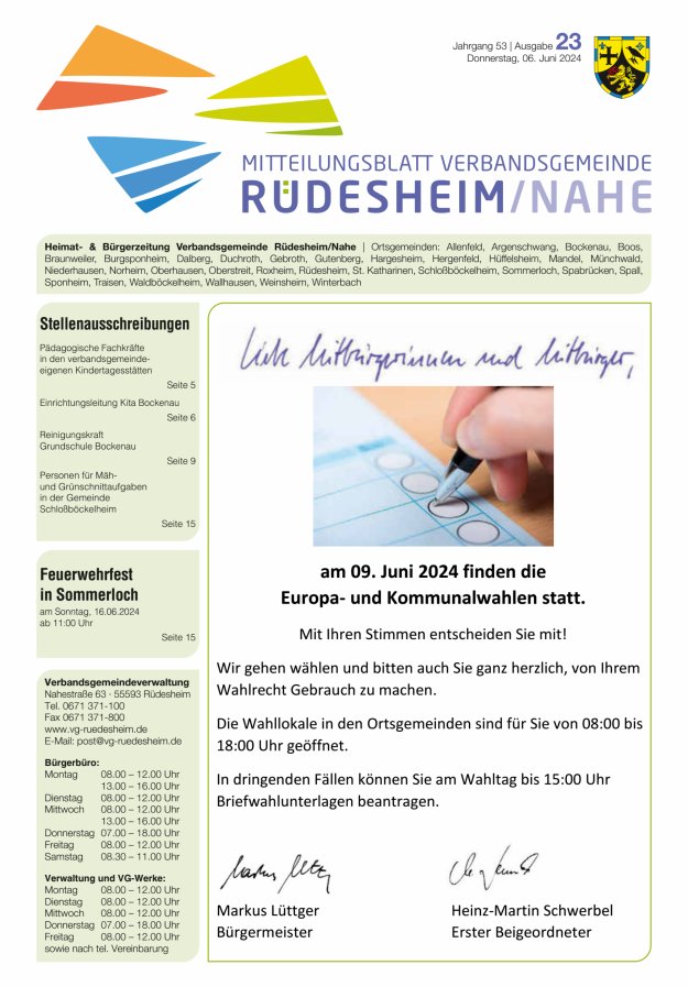 Mitteilungsblatt Verbandsgemeinde Rüdesheim und zugehörige Ortsgemeinden Titelblatt 23/2024