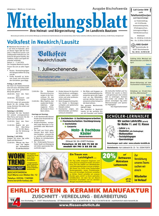 Mitteilungsblatt LK Bautzen Ausgabe Bischofswerda Titelblatt 22/2024
