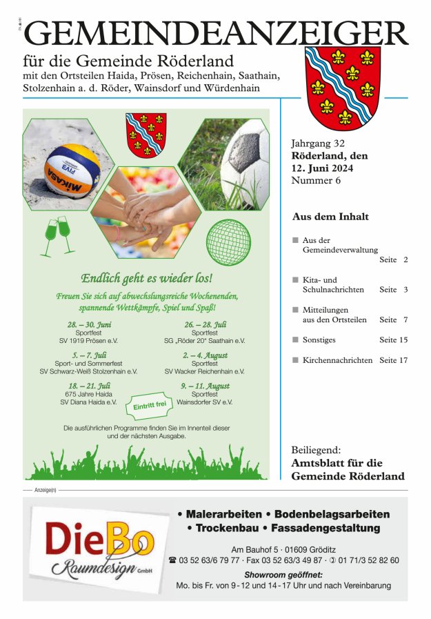Gemeindeanzeiger - Amtsblatt für die Gemeinde Röderland Titelblatt 06/2024