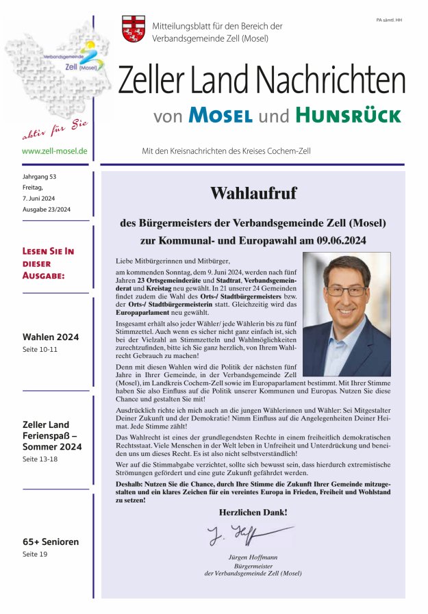 Zeller Land Nachrichten Titelblatt 23/2024