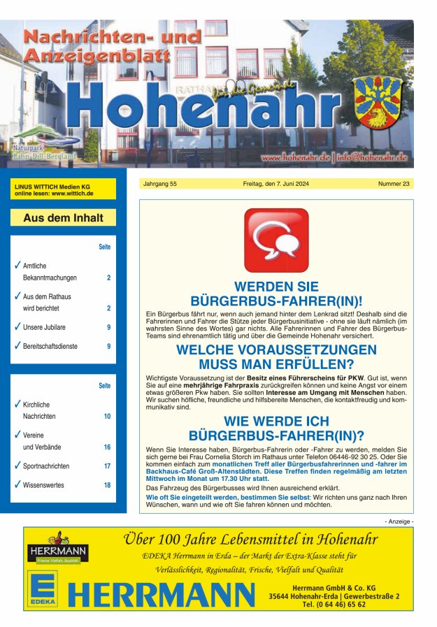 Nachrichten- und Anzeigenblatt für die Gemeinde Hohenahr Titelblatt 23/2024