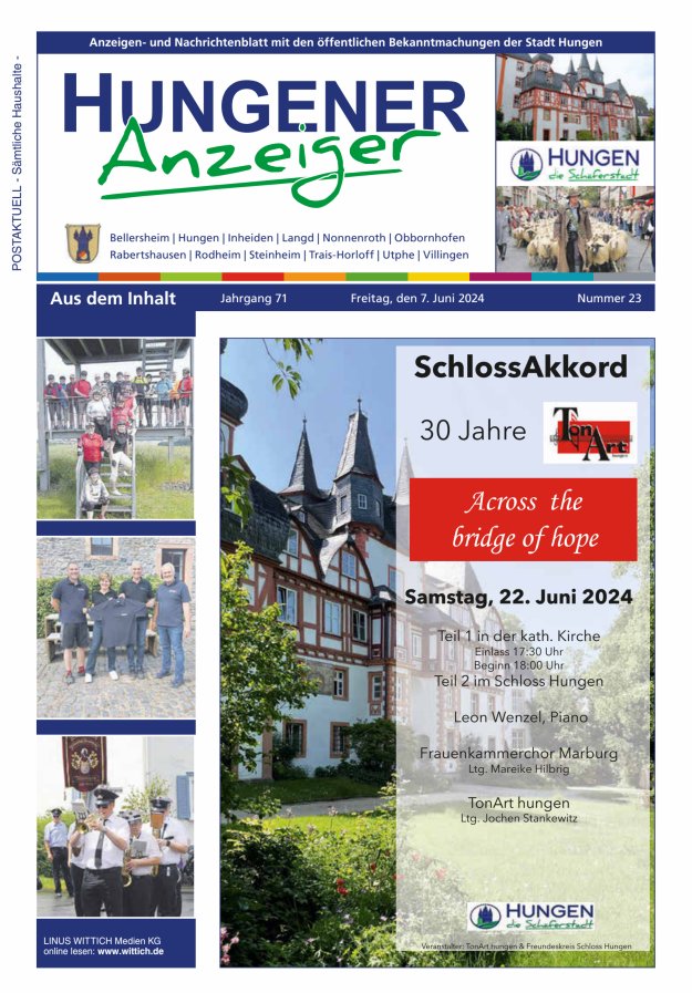 Anzeigen- und Nachrichtenblatt mit den öff  Bekanntmachungen der Stadt Hungen Titelblatt 23/2024